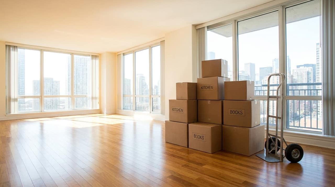 Boxes stacked in a bright apartment before the move