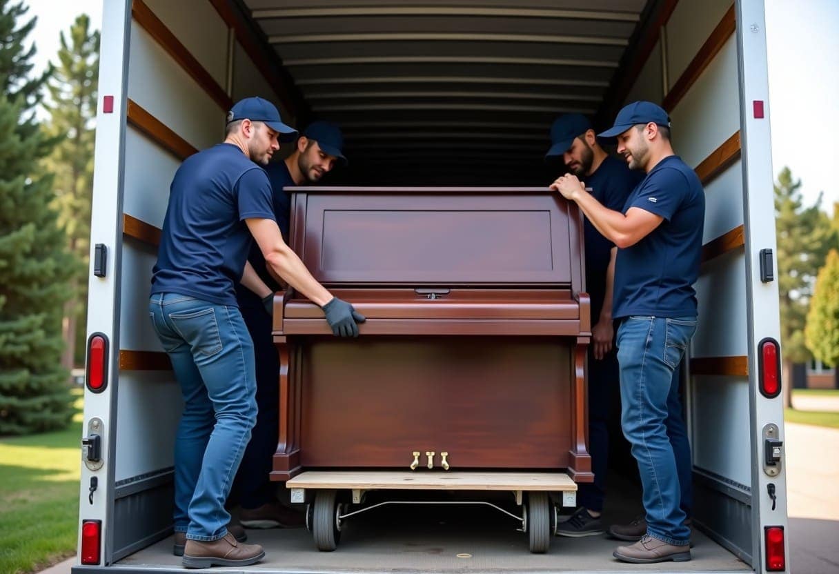 Crew moving an upright piano on a piano board
